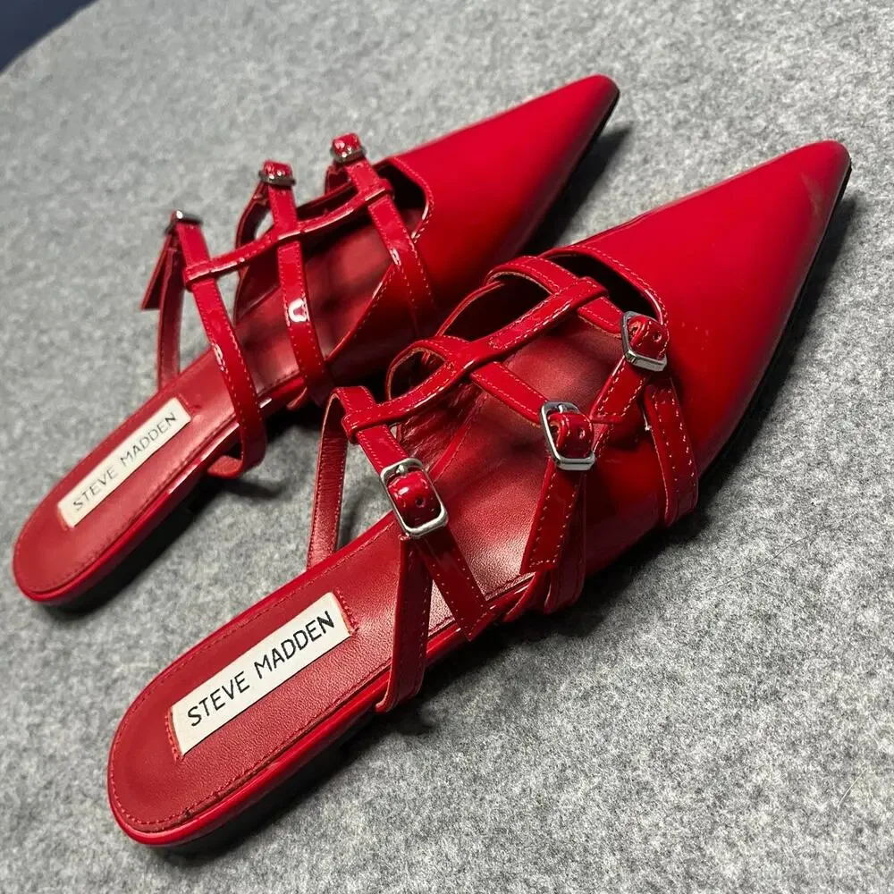Steve Madden Shatter Red Patent Pointed Toe Buckle Ballet Mule Flats Size 6